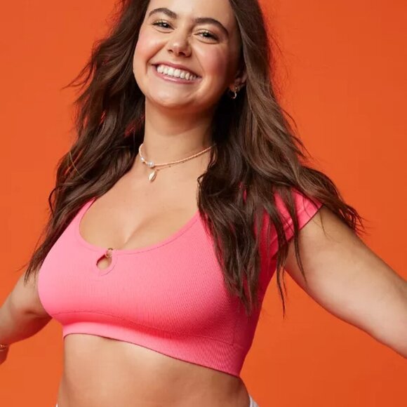 NWT Aerie Superchill Seamless Ring Cap Sleeve Hot Pink Bra Top - Picture 1 of 7